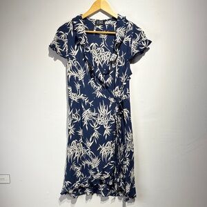 Vintage Blue and White Bamboo Print Wrap Dress
